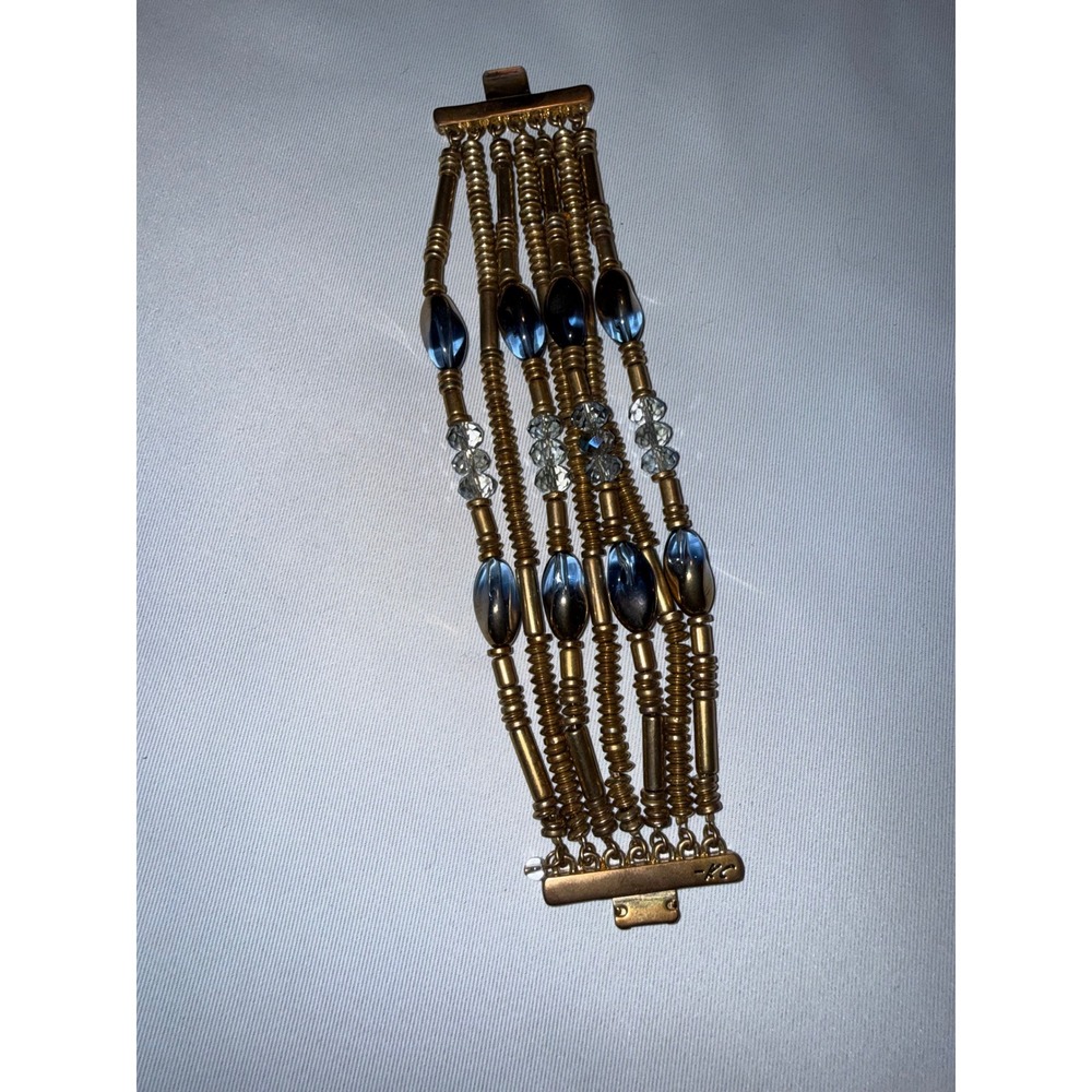 KC Signature Gold Tone Blue Glass Multi Strand Beaded Statement Bracelet 7 Inch